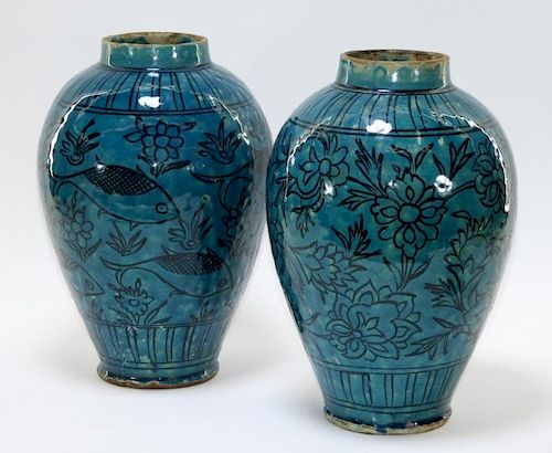 2 Persian Iznik Earthenware Turquoise Glazed Vases