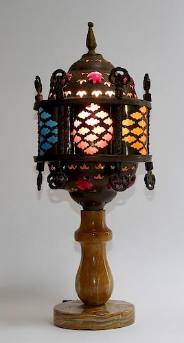Moorish Brass & Onyx Jeweled Table Lamp