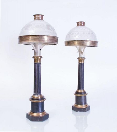 PAIR OF FRENCH TÔLE, BRASS AND FROSTED GLASS COLUMN-FORM SUNUMBRA FLUID LAMPS