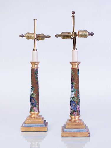 PAIR OF BEADWORK AND GILTWOOD COLUMN-FORM LAMPS
