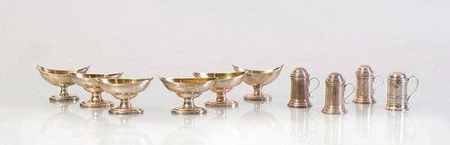 FOUR ENGLISH SILVER PEPPERETTES, AND SIX WILLIAM IV SILVER SALTS