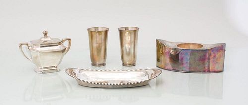 PAIR OF TIFFANY STERLING SILVER CUPS, A STERLING SILVER NAVETTE DISH AND A TWO-HANDLED SUGAR BOWL