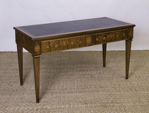 LOUIS XVI STYLE BRASS-MOUNTED WALNUT AND FRUITWOOD MARQUETRY BUREAU PLAT