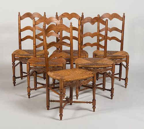 SET OF SIX FRENCH PROVINCIAL FRUITWOOD AND RUSH SIDE CHAIRS