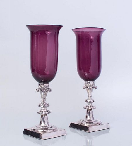PAIR OF GEORGE IV STYLE SILVERED-METAL AND AMETHYST GLASS PHOTOPHORES