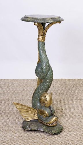 ITALIAN PAINTED AND PARCEL-GILT DOLPHIN-FORM PEDESTAL