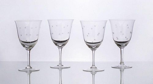 SET OF TEN GLASS WATER GOBLETS ETCHED WITH STARS