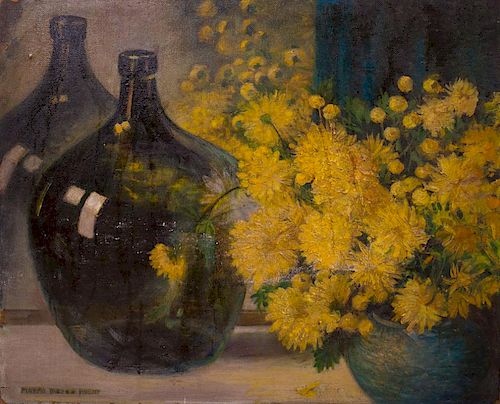 MAYNA TREANOR AVENT (1868-1959): YELLOW FLOWERS AND A GREEN BOTTLE