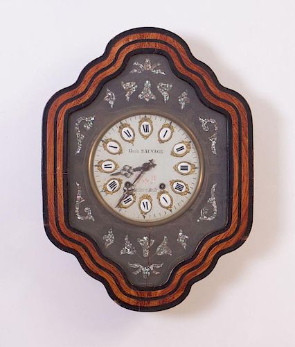 FRENCH GILT-METAL-MOUNTED ENAMEL, PAINTED AND INLAID MOTHER-OF-PEARL WALL CLOCK