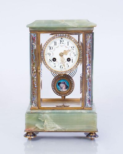 FRENCH GILT-METAL-MOUNTED HARDSTONE AND CHAMPLEVÉ ENAMEL CLOCK