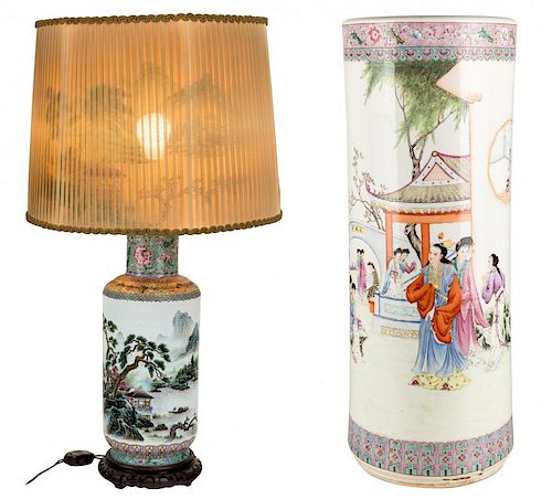 A CHINESE PORCELAIN LAMP AND UMBRELLA STAND (REPUBLIC PERIOD, 1912-1949)