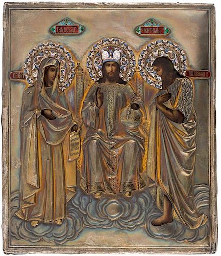 A RUSSIAN ICON WITH THE DEESIS IN A GILT SILVER AND ENAMEL OKLAD, CENTRAL RUSSIA, LAST QUARTER OF THE 19TH CENTURY
