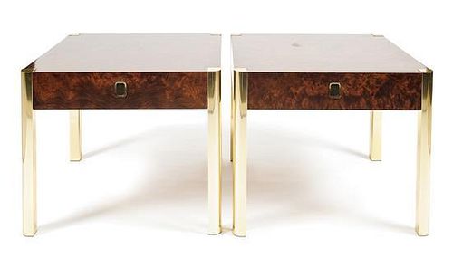 A Pair of Burlwood Veneered and Metal End Tables, Century Furniture by Thomasville, Height 22 1/8 x width 26 x depth 26 inches.