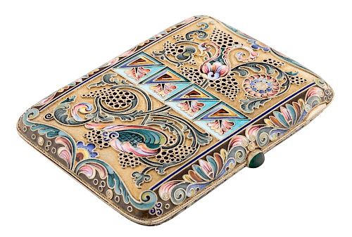 A RUSSIAN GILDED SILVER AND SHADED ENAMEL CIGARETTE CASE, MOSCOW, 1908-1926