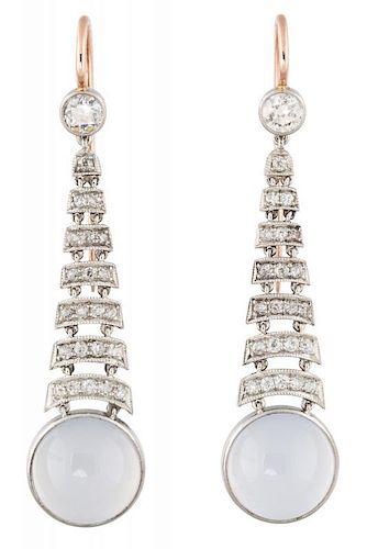 A PAIR OF MOONSTONE, PLATINUM AND DIAMOND EARRINGS, PROBABLY FABERGE, ST. PETERSBURG, CIRCA 1900