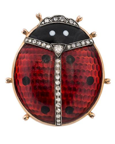 A FABERGE RED GUILLOCHE ENAMEL AND DIAMOND LADYBUG BROOCH, MIKHAIL PERKHIN, ST. PETERSBURG, 1861-1898