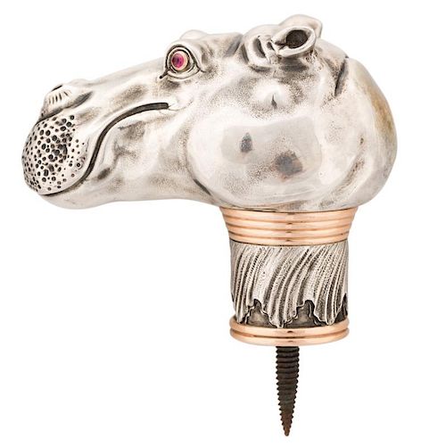 A RUSSIAN SILVER AND GOLD CANE HANDLE IN A FORM OF HIPPOPOTAMUS WITH RUBY EYES, WORKMASTER JULY RAPPOPORT, ST.PETERSBURG, 188