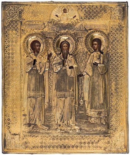 A RUSSIAN ICON OF THE HOLY MARTYRS SAMON, GURIY AND AVIV IN A GILT SILVER OKLAD, MOSCOW SCHOOL, 1886