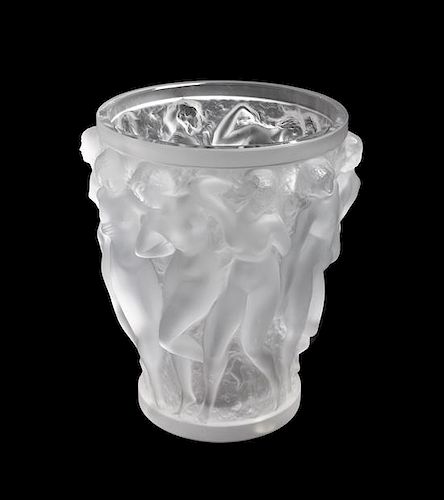 * A Lalique Molded and Frosted Glass Vase Height 10 inches.