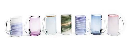 A Collection of Seven Studio Glass Mugs, Height 5 5/8 inches.