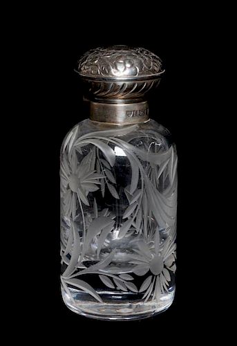 * An English Silver and Glass Perfume Bottle, Birmingham, 1998, the glass bottle with etched floral design.