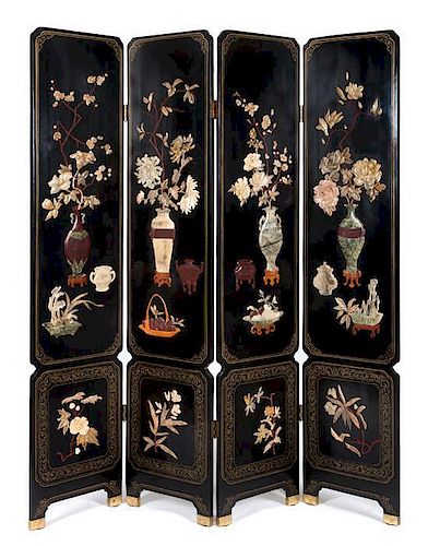 * A Chinese Hardstone Inset Four-fold Screen Height 72 x width of each panel 16 inches.