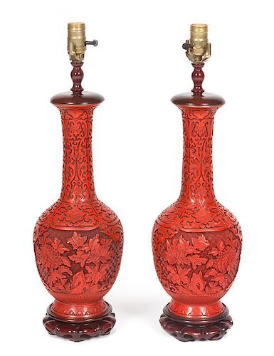 A Pair of Chinese Carved Cinnabar Lacquer Vases Height 18 1/2 inches.