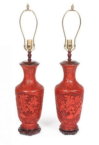 A Pair of Chinese Carved Cinnabar Lacquer Vases Height 18 inches.