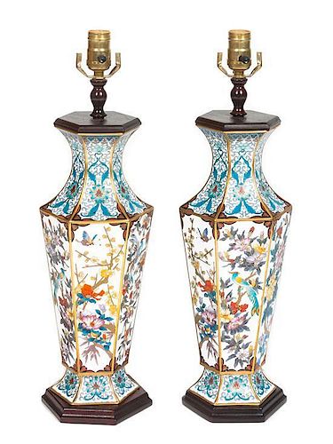 A Pair of Hexagonal Vases Mounted as Table Lamps Height 18 inches.
