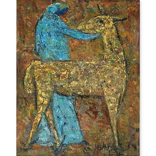 Mid-Century Oil On Canvas "Abstract  Of Man and Deer"