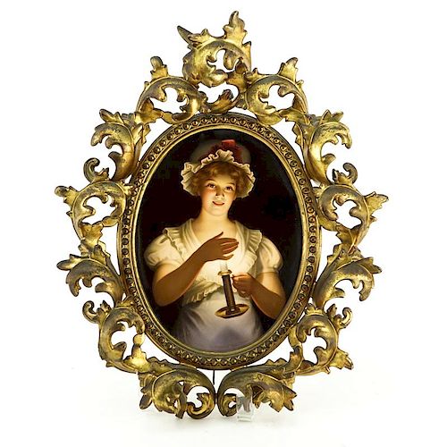 Antique KPM Porcelain Plaque, Portrait of a Young Girl, in a Rococo Style Gilt Metal Frame