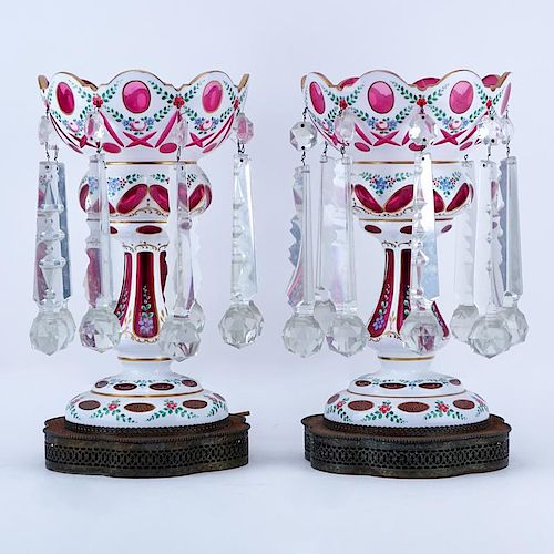 Pair of Bohemian Cranberry to Clear Glass Lusters with Hanging Crystals