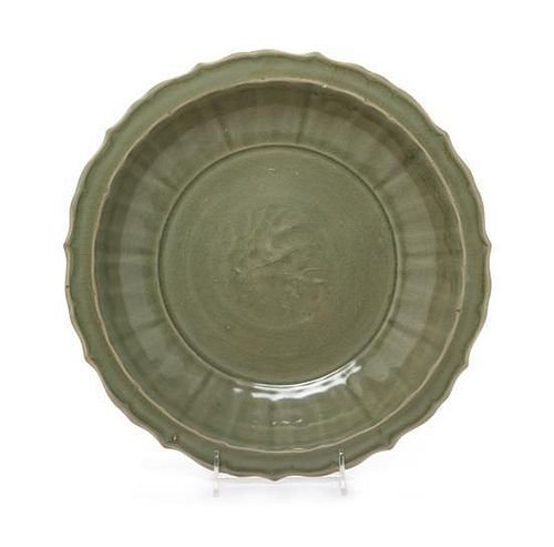 A Longquan Celadon Barbed Circular Dish Diameter 12 3/4 inches.