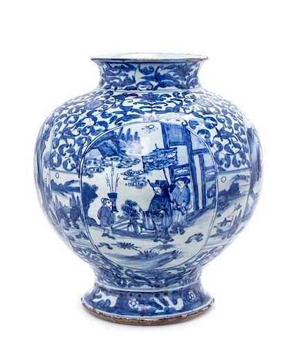 A Rare Delft-Style Blue and White Porcelain Jar Height 14 1/4 inches.