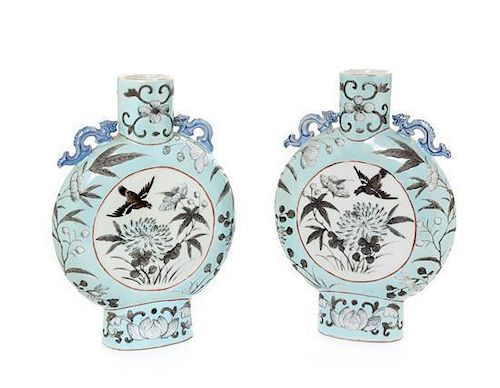 * A Pair of Grisaille Decorated Blue Ground Porcelain Moon Flasks Height 5 inches.