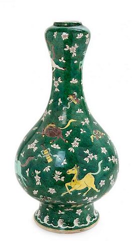 A Large Famille Verte Porcelain Bottle Vase Height 17 1/2 inches.