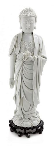 * A Large Blanc-de-Chine Porcelain Standing Figure of Buddha Shakyamuni Height 20 1/2 inches.