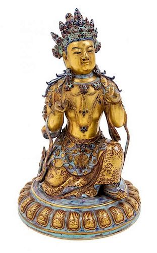 A Gilt and Robin's Egg Glazed Porcelain Figure of a Bodhisattva Height 11 1/2 inches.
