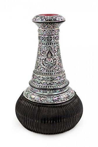 A Thai Mother-of-Pearl Inlaid Lacquer Goblet Drum Height 15 inches.