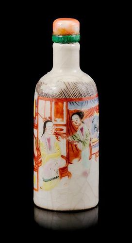 A Famille Rose Porcelain Snuff Bottle Height 6 1/8 inches.