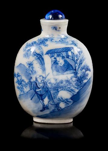 A Blue and White Porcelain Snuff Bottle Height 2 3/4 inches.