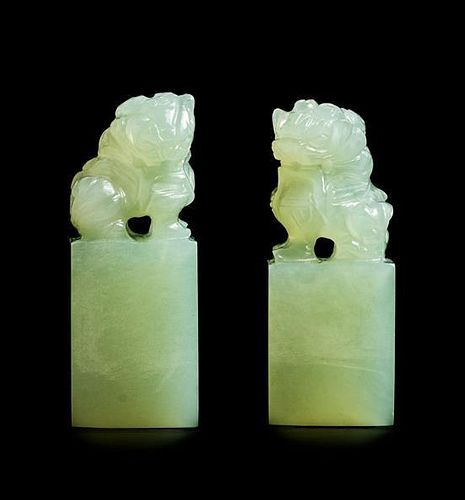 A Pair of Celadon Jade Seals Height 1 3/4 inches.