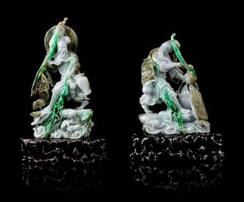 * A Pair of Jadeite Figures of Fisherman Immortals Height of wach 10 1/2 inches.