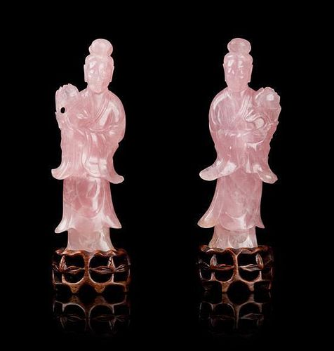 A Pair of Rose Quartz Figures of Meirens Height 6 1/4 inches.