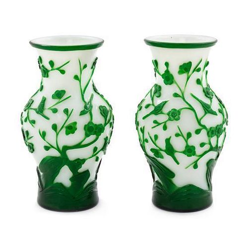 A Pair of Green Overlay White Peking Glass Vases Height 8 1/4 inches.