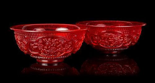 * A Pair of Transparent Ruby-Red Peking Glass Bowls Diameter 8 inches.