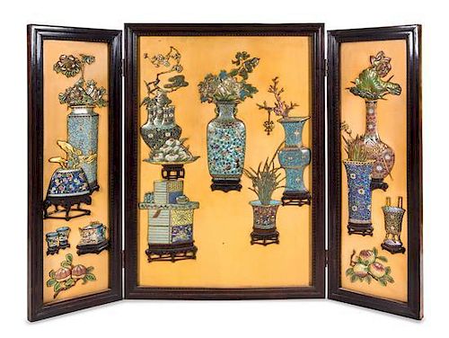 * A Chinese Cloisonne Enamel Inset Yellow Lacquered Three-Fold Floor Screen Height 65 inches.