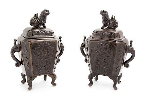 A Pair of Bronze Incense Burners Height 6 3/4 inches.