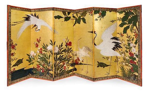 * A Six-Panel Floor Screen, EDO PERIOD, 18TH CENTURY, Cranes and Peonies