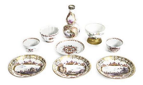 A Group of Dresden Enamel-Decorated Porcelain Tableware, Height of vase 5 inches.